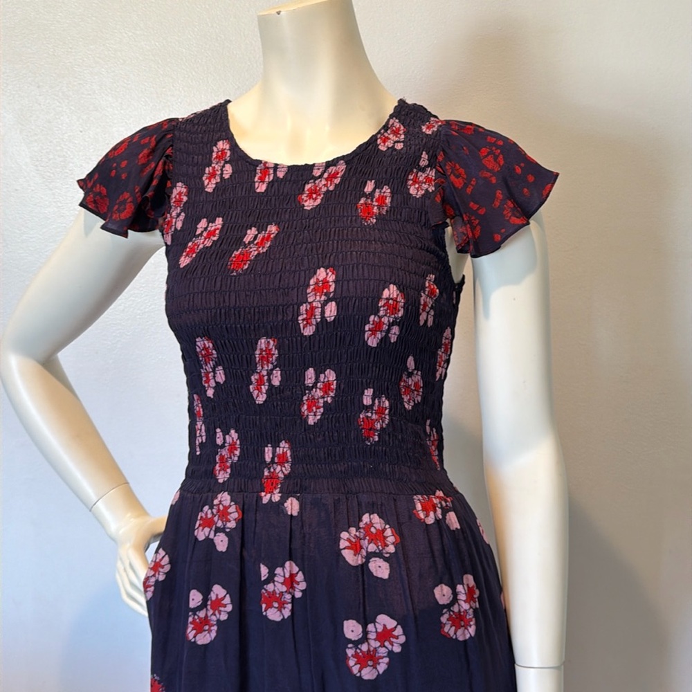 Sea New York Navy Batik Midi Dress Pockets Flare Hem Ruffle Sleeves Sz 4